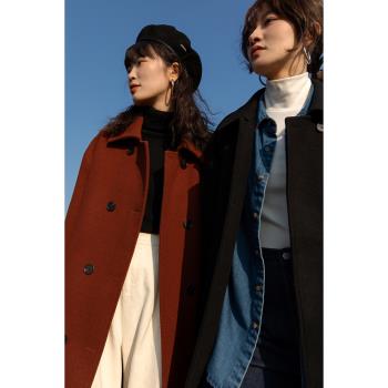 覓定黑色西裝毛呢大衣女秋冬復古紅色加厚呢子外套小個子長款冬季