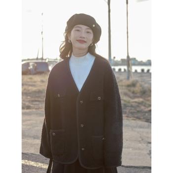 覓定黑色高階感羊羔毛外套女冬季加厚小個子設計感寬松大衣上衣