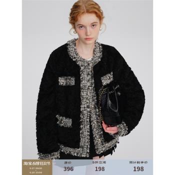 DESIGNER PLUS 黑色仿羊羔毛小香風外套女小個子短款夾棉加厚棉服