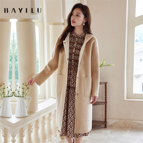 芭依璐2024冬季新款雙面呢羊毛大衣女時尚連帽休閑百搭大口袋外套