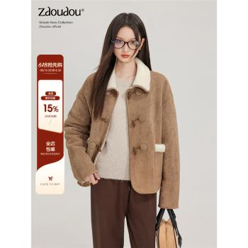 章豆豆美拉德巴恩風鹿皮絨翻領外套女冬季加厚皮毛一體羊羔毛棉服