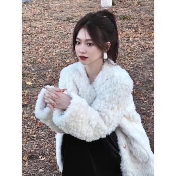 白色羊羔毛皮草外套女秋冬季2024年新款寬松小個子加厚毛絨絨上衣