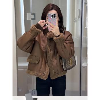 美拉德皮毛一體羊羔毛絨外套女冬季小個子加厚保暖機車服皮衣夾克