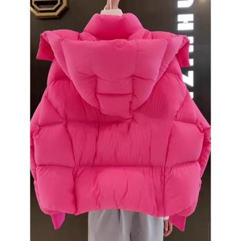 玫粉色連帽加厚棉服女冬季2023新款寬松麵包服今年流行的棉襖外套