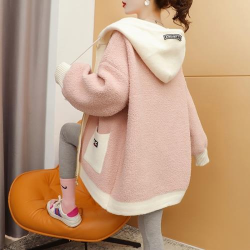 連帽毛衣開衫女2024年秋冬新款寬松慵懶風羊羔毛拼接加厚針織外套