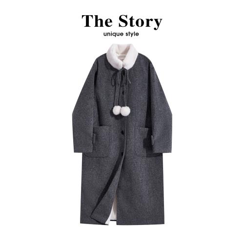 那些事衣櫥韓系長款毛毛領灰色大衣毛呢加絨加厚外套女秋冬高級感