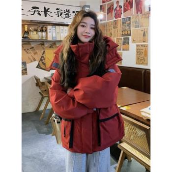 法國Rouje Moaks新年紅色工裝羽絨服女冬季新款小個子加厚外套潮