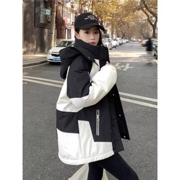 法國Rouje Moaks沖鋒衣外套女羽絨服黑白拼接撞色連帽工裝派克服