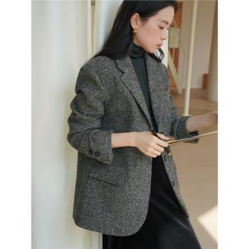 復古風全羊毛人字紋粗花呢寬松廓形西裝毛呢外套女秋冬款休閑通勤