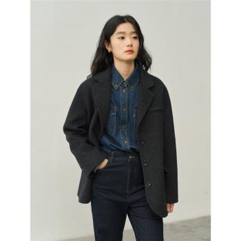 駱駝絨犛牛絨西裝領寬松短款羊毛雙面呢大衣女秋冬小個子毛呢外套