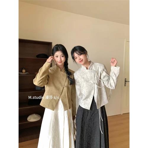復古斜襟盤扣新中式國風小香風外套女2025新款氣質高端提花短上衣