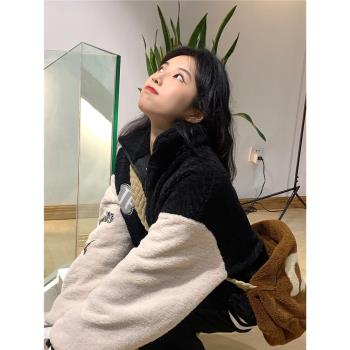黑色羊羔毛棉服外套女秋冬美式復古拼接夾克棒球服寬松加厚棉衣潮