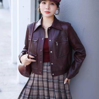 短款皮衣外套女春秋冬季新款小個子時尚洋氣修身休閑翻領夾克外衣