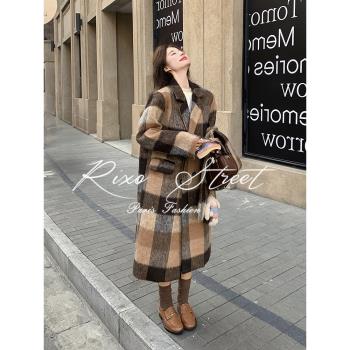 RIXO STREET法式復古小香風美拉德咖色格子大衣寬松格紋羽絨外套