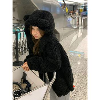 黑色羊羔毛外套女連帽秋冬2024新款加厚學生可愛高級感小個子上衣
