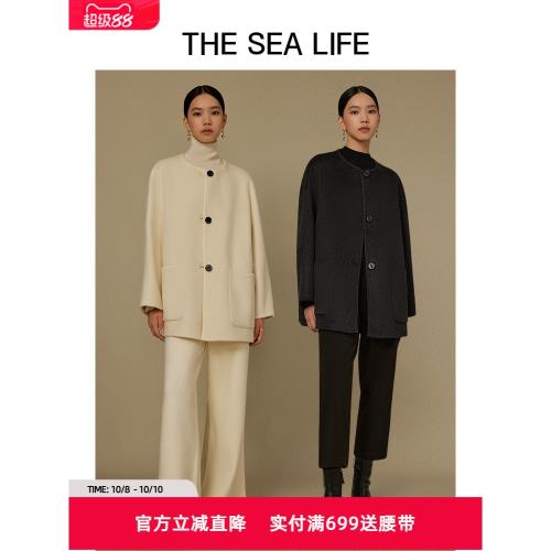 THE SEA LIFE歐海一生 氣質綿羊毛大衣女24冬圓領毛呢外套A180169