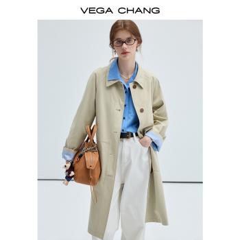 VEGA CHANG風衣女2024年秋冬季新款經典英倫風撞色單排扣寬松外套