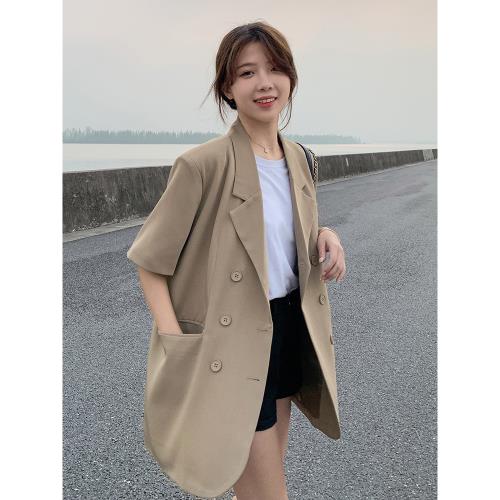 卡其色短袖小西裝外套女夏薄款2025新款職業裝休閑高級感炸街西服