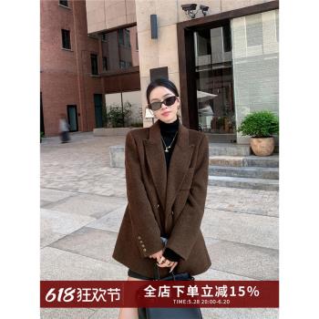 繽菓binguo 復古美拉德毛呢西裝外套女2024冬季新款顯瘦保暖大衣