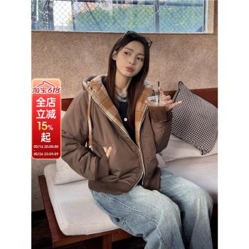XFX 美式復古格子寬松連帽保暖棉服女冬季加厚休閑雙面穿外套上衣
