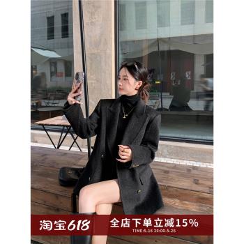 繽菓binguo 高支羊毛混紡 黑色雙面呢大衣女冬季保暖毛呢西裝外套