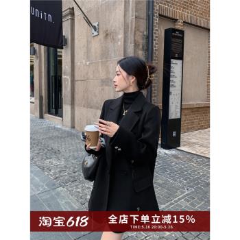 繽菓binguo 黑色設計感雙面羊絨西裝外套女冬季新款保暖毛呢西服