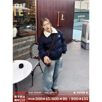 XFX 美式復古寬松保暖加厚羊羔毛領棉服女秋冬休閑拉鏈外套上衣潮