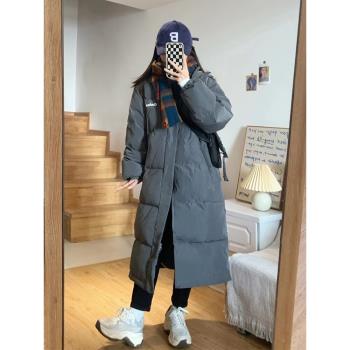 2024冬新款灰色寬松羽絨服女過膝中長款加厚韓版連帽90白鴨絨外套