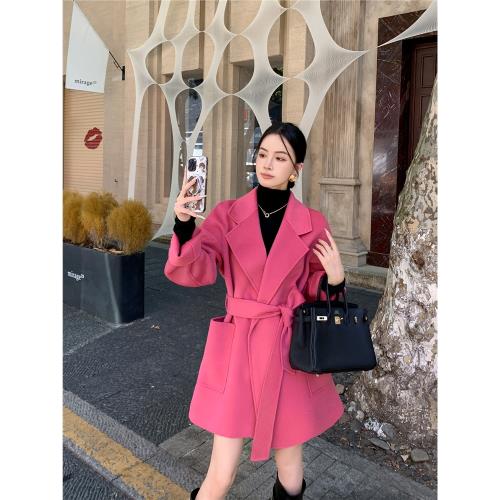 繽菓binguo 粉色減齡短款雙面羊絨大衣女冬新款輕奢毛呢外套