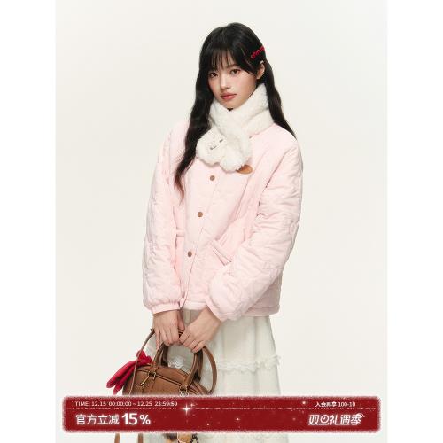 umoumo烏蘑(原ntot)休閑毛絨翻領上衣雙色蝴蝶結絨毛圍巾絎棉外套