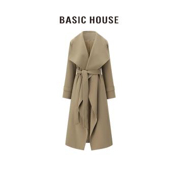 百家好/Basic House翻領長款風衣女寬松高階感英倫風休閑大衣外套