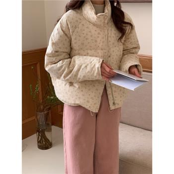 碎花短款羽絨服女冬季設計感小眾立領小個子加厚麵包服白鴨絨外套