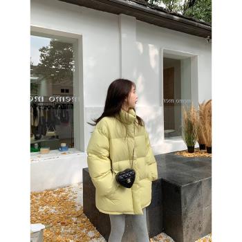 奶黃色超溫暖立領中長款羽絨服女冬季新款加厚小個子寬松保暖外套