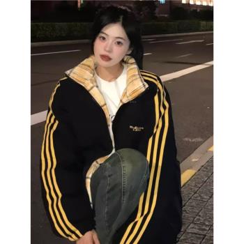 美式復古短款撞色格子羽絨服女冬季三條槓立領外套加厚潮牌麵包服