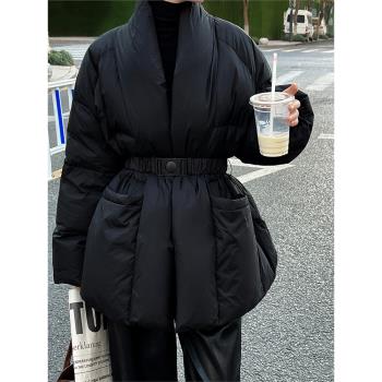 新中式國風收腰羽絨服冬季新款加厚V領慵懶90白鴨絨系帶外套女裝
