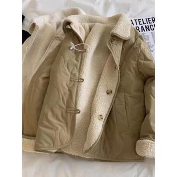 外貿法國單秋冬正反兩穿羊羔毛棉服盤扣寬松百搭長袖復古棉服外套