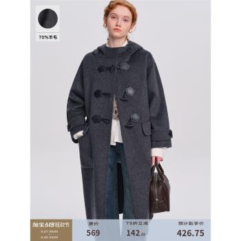 DESIGNER PLUS 中長款連帽雙面呢子大衣女灰色25春加厚羊毛呢外套