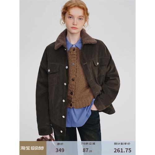 DESIGNER PLUS 棕色美拉德燈芯絨外套女羊羔毛翻領寬松加厚短棉服