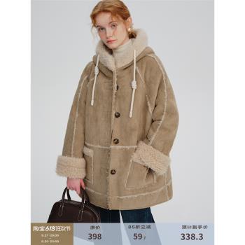 DESIGNER PLUS 連帽麂皮絨羊羔毛大衣加絨加厚皮毛一體棉服外套