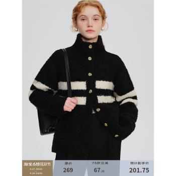 DESIGNER PLUS條紋毛衣外套女羊毛加厚慵懶風小個子高領針織開衫