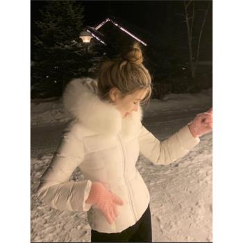 白色真狐貍毛收腰短款羽絨服女冬季保暖輕薄時尚修身白鴨絨外套