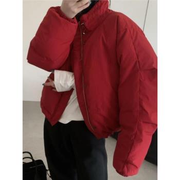 新年聖誕紅色立領羽絨棉服女2025秋冬季時尚新款加厚工裝防風外套