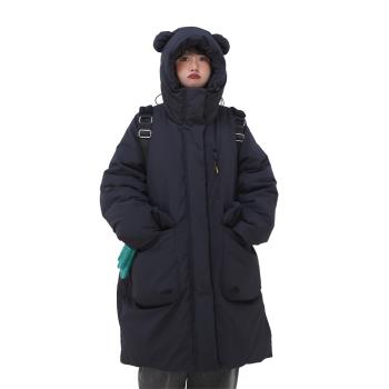 嬉遊記原創2025冬季小熊耳朵格子羽絨服女加厚保暖連帽白鴨絨外套