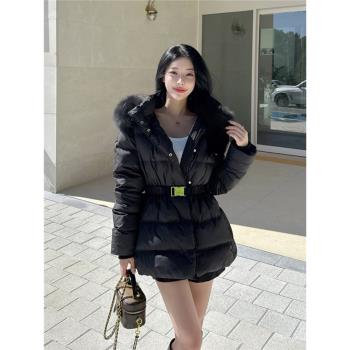 中長款羽絨服女2024年新款收腰連帽奢華大毛領白鴨絨保暖加厚外套