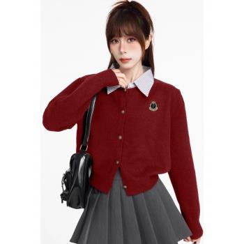 學院風紅色新年POLO領假兩件短款毛衣女秋冬修身羊毛針織開衫外套