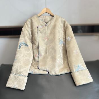 秋冬新款加棉加厚外套新中式寬松立領提花國風上衣女百搭氣質外套