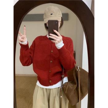 法式復古紅色小個子針織上衣冬季穿搭獨特漂亮開衫毛衣外套女秋冬