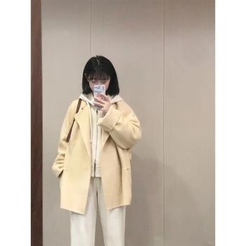 毛呢外套女秋冬新款法式設計感系帶收腰短款寬松雙面羊毛呢子大衣