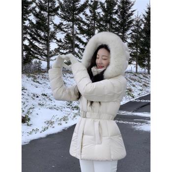 韓系大狐貍毛領連帽收腰顯瘦羽絨服女2024冬季加厚保暖白鴨絨外套