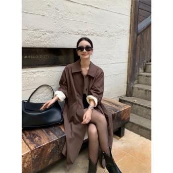 pusumede 翻領棉布風衣外套女秋季新款高階感寬松氣質中長款大衣
